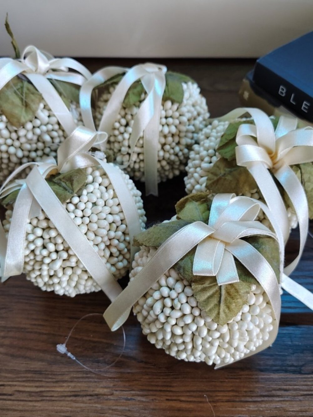 Set of 5 Off White Decorative Ball Ornaments Satin Bow Home Decor Accent Set - Picture 6 of 6
